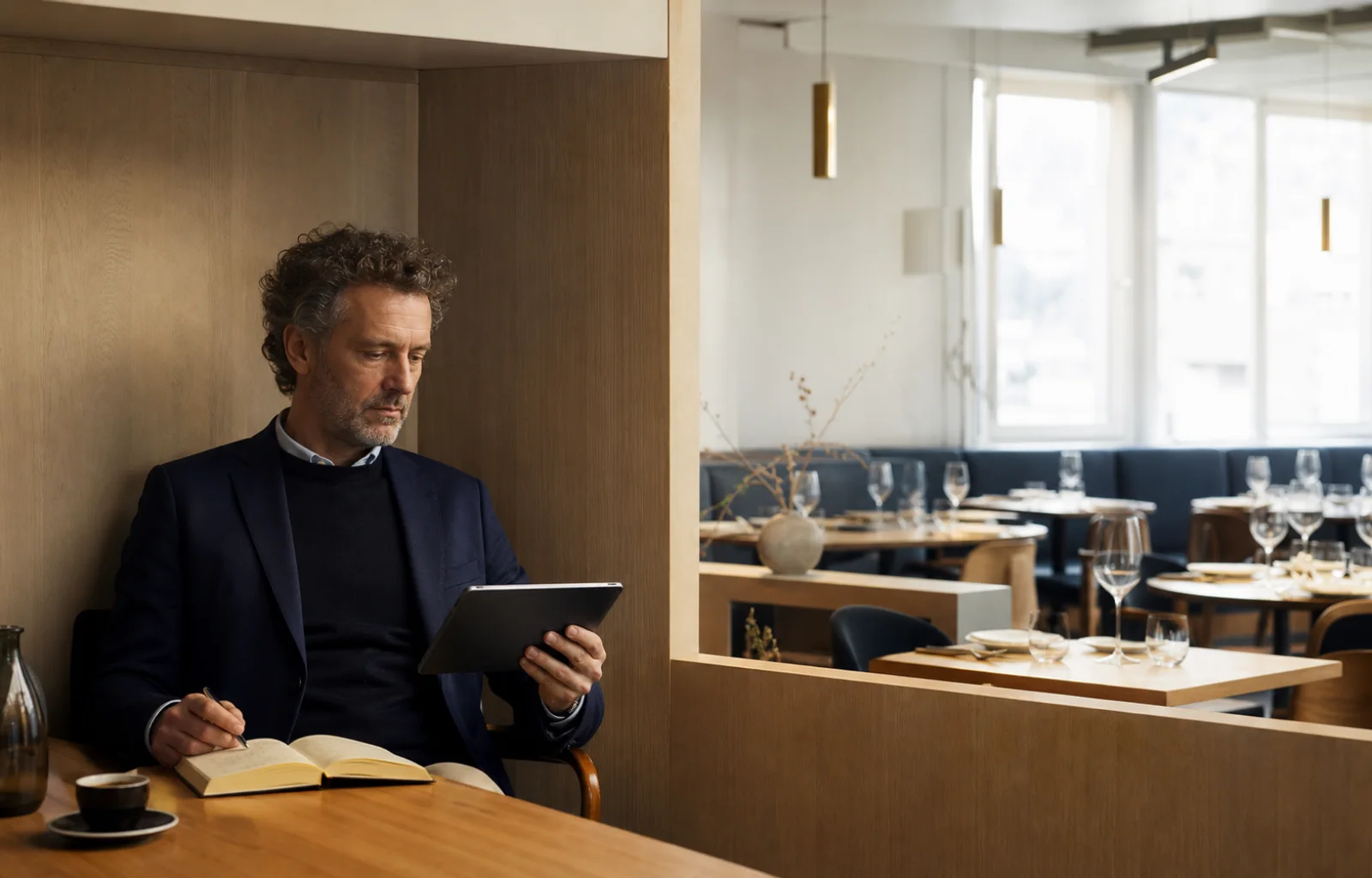 Un restaurateur consulte ses opérations sur tablette depuis une salle lumineuse.