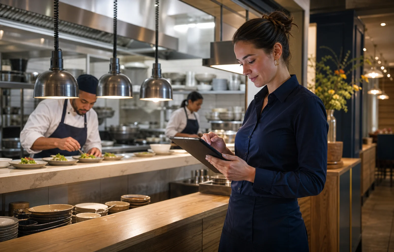 Une serveuse saisit une commande sur tablette devant une cuisine ouverte en activité.