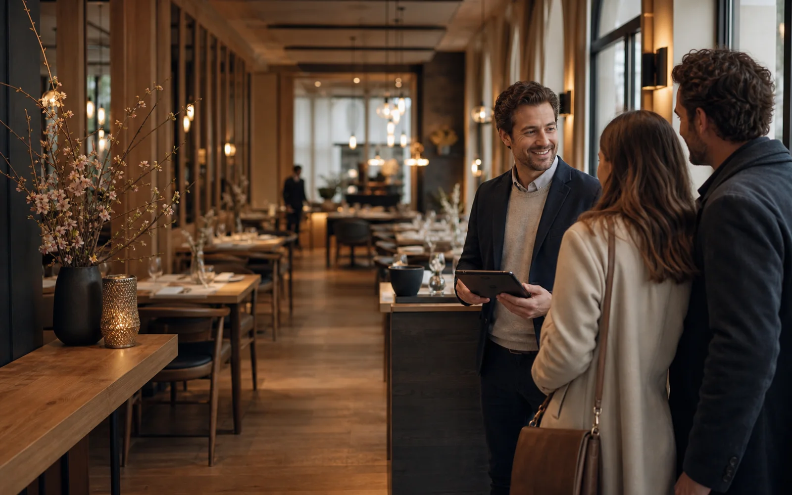 Un responsable accueille des clients dans une salle de restaurant et consulte les réservations sur une tablette.